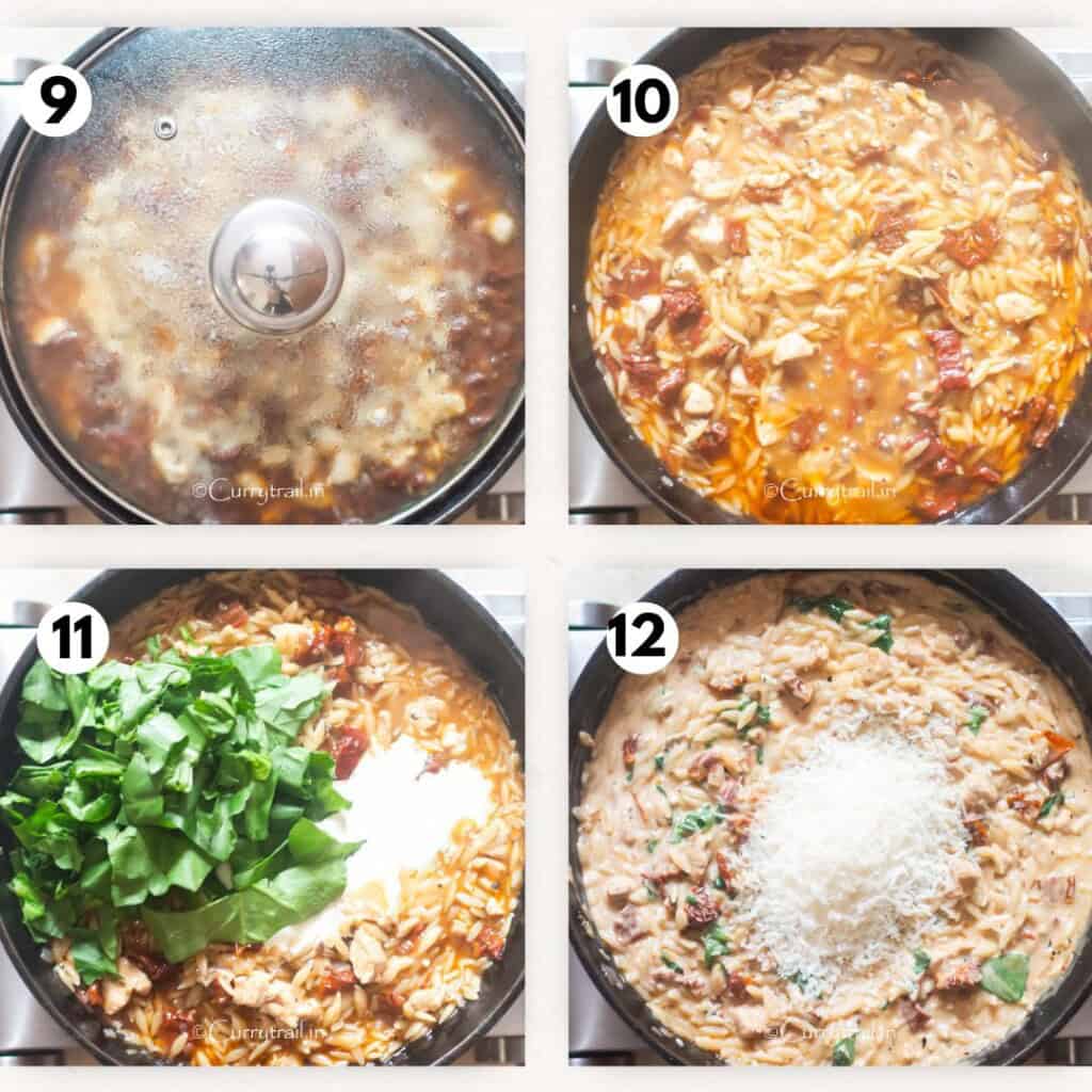 picture collage of making marry me chicken orzo pasta.