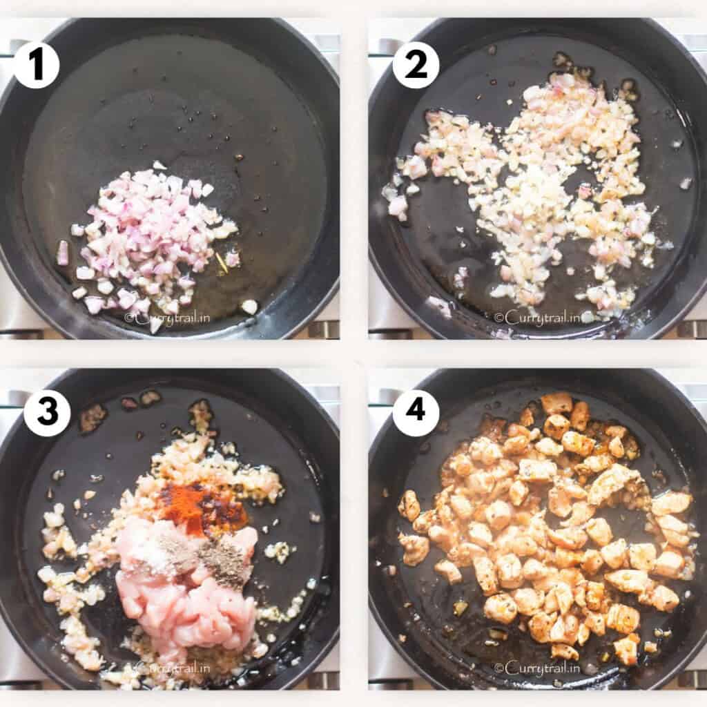 picture collage of cooking shallots and chicken in a cast iron pan.