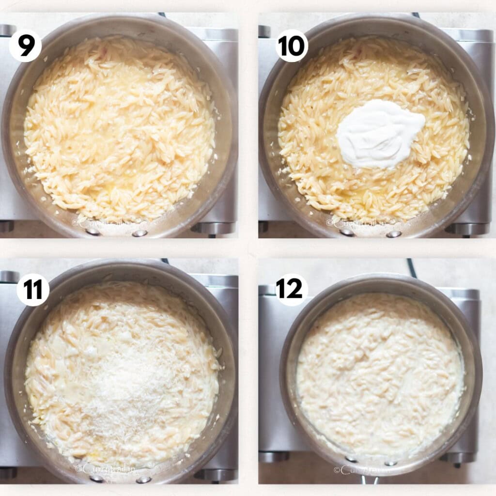 cooking orzo pasta in cream sauce.