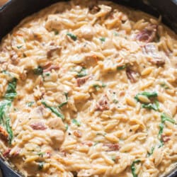 marry me pasta made with orzo in cast iron pan.