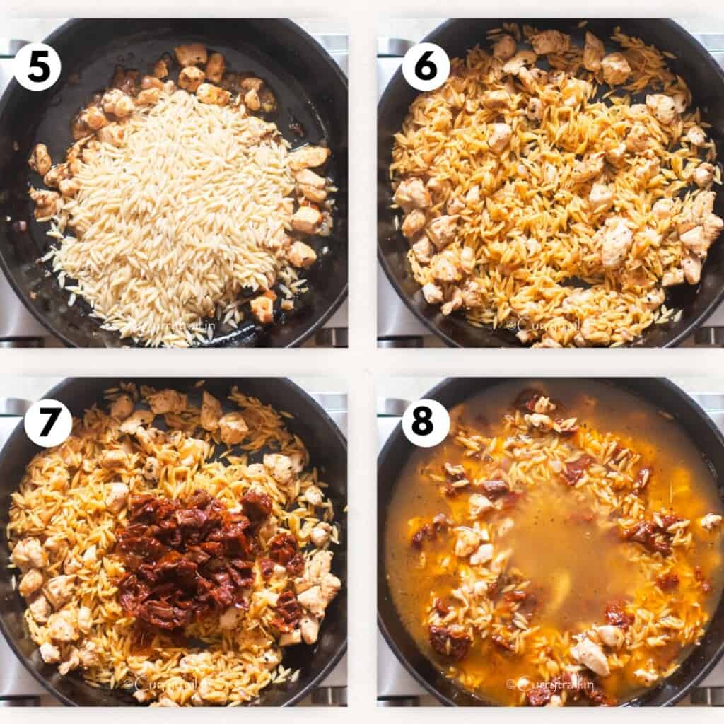 picture collage of making marry me chicken orzo pasta.