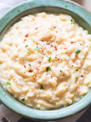 creamy orzo in a bowl.