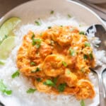 rich shrimp curry served over jasmine rice.