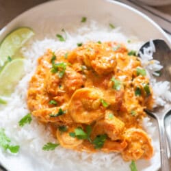 rich shrimp curry served over jasmine rice.