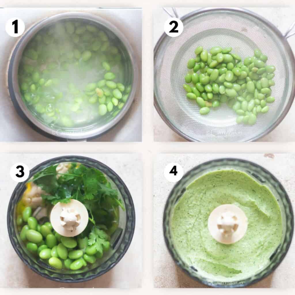 step by step picture collage of making hummus using edamame.