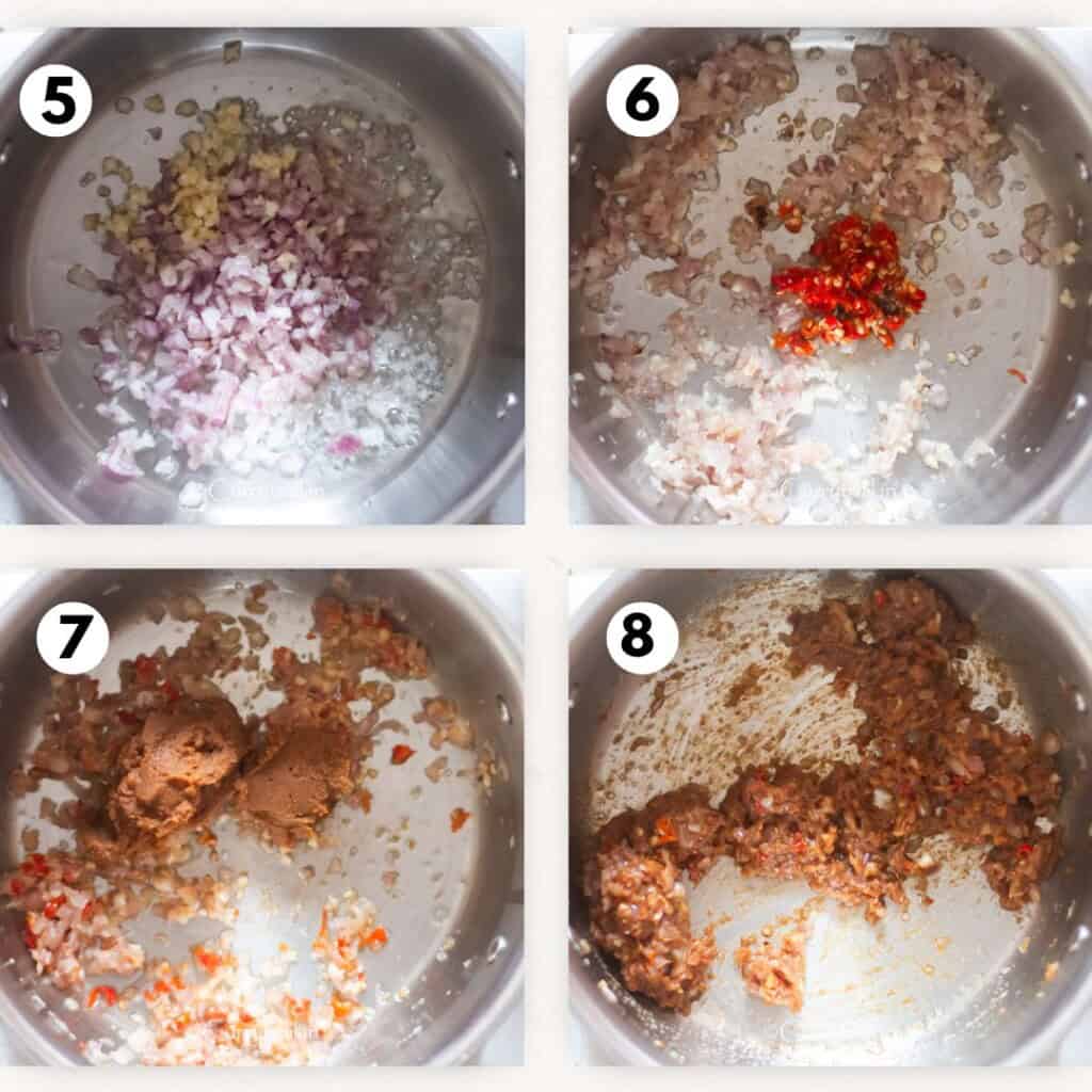 step-by-step picture collage of making miso broth for ramen noodles.