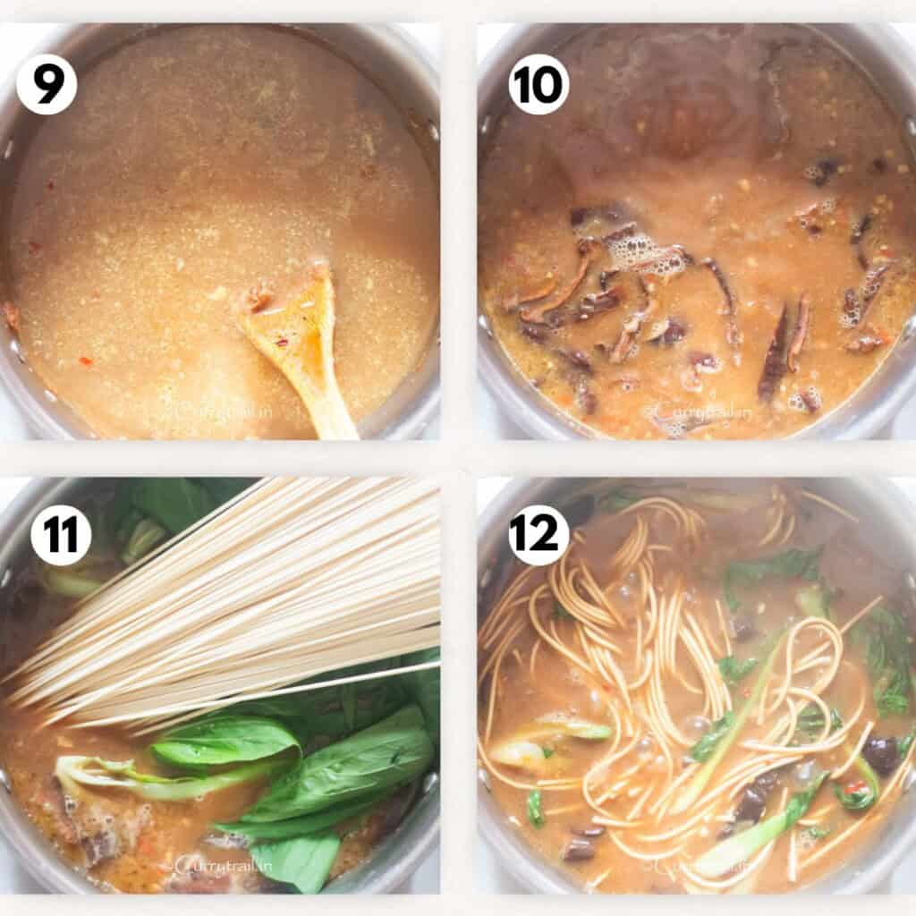 step-by-step picture collage of making miso broth for ramen noodles.