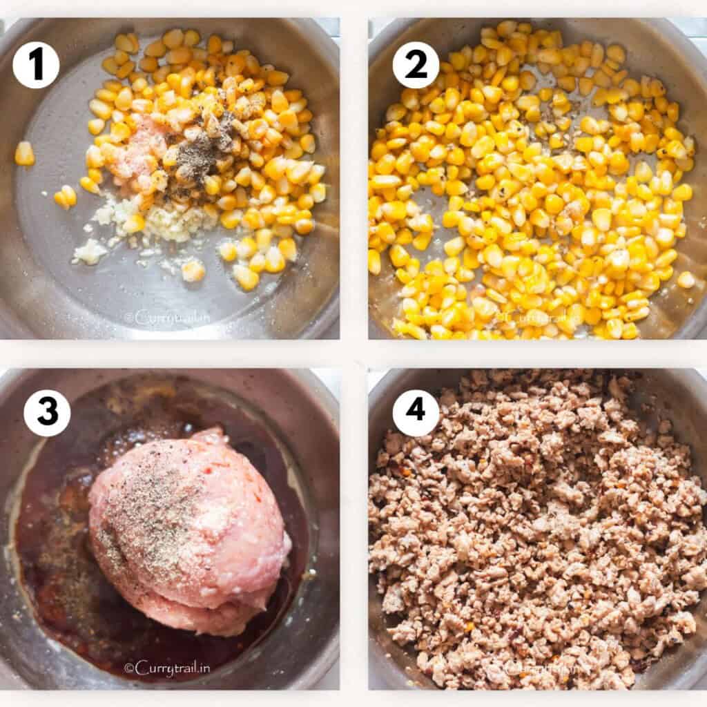 step-by-step picture collage of sauteing sweet corn ground chicken for ramen noodles.