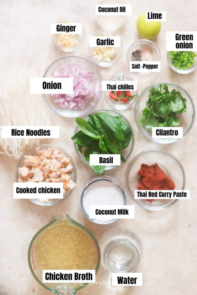 all ingredients for Thai spicy chicken soup on the table.