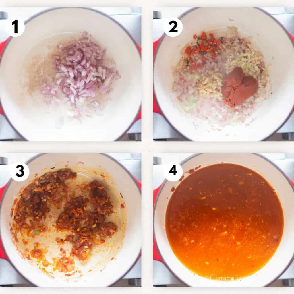 step by step picture collage of sauteing aromats in a large pot to make soup.