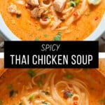 spicy chicken soup in a bowl with rice noodles.