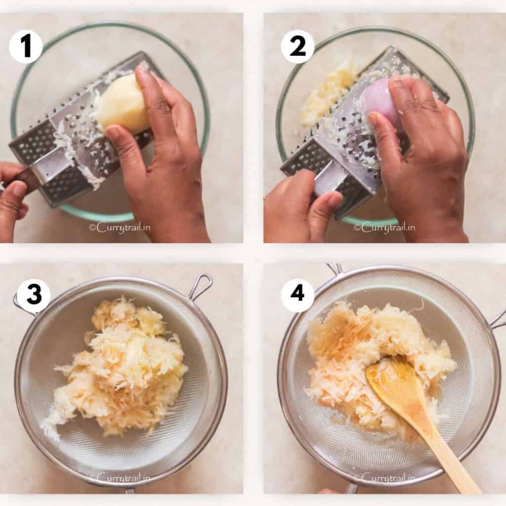 picture collage of grating potatoes and onion in to a bowl.