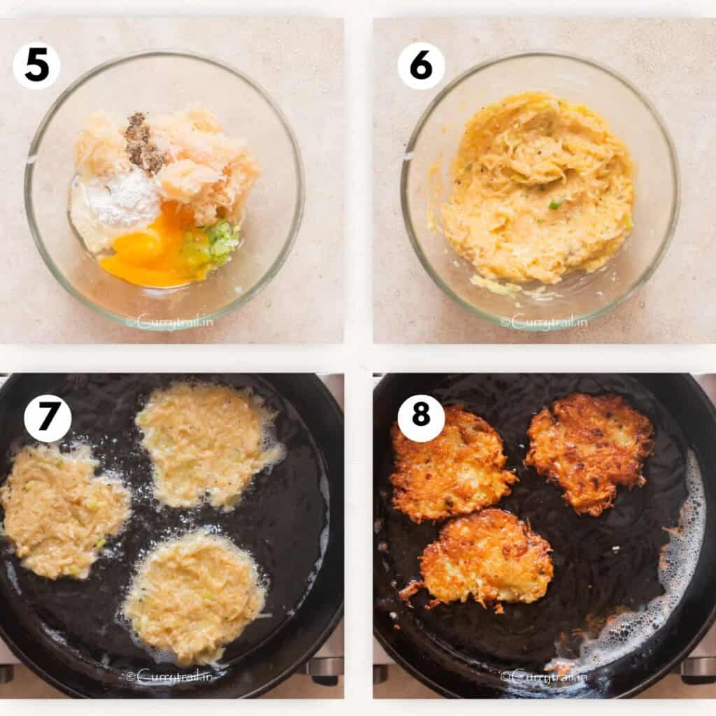 making grated potato batter to cook potato pancakes in oil.