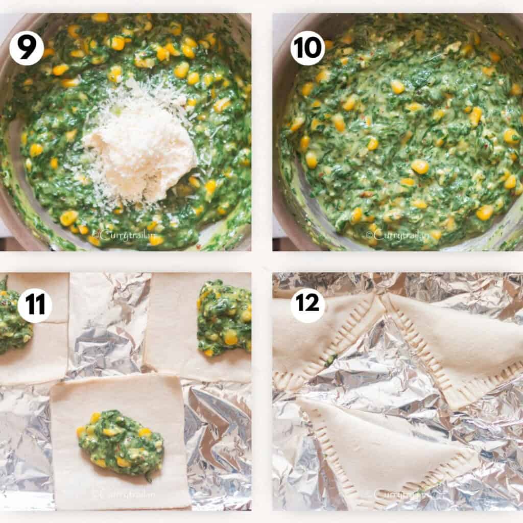 picture collage of making creamy corn spinach filling for puff pastry filling.