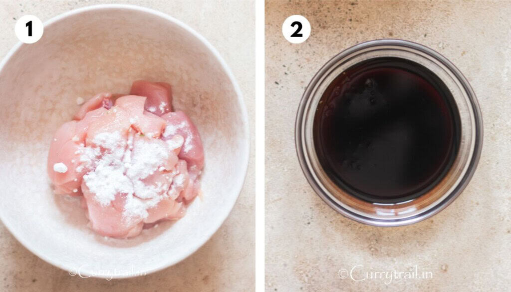 chicken cubes mixed with baking soda and sauce prepared for chicken.