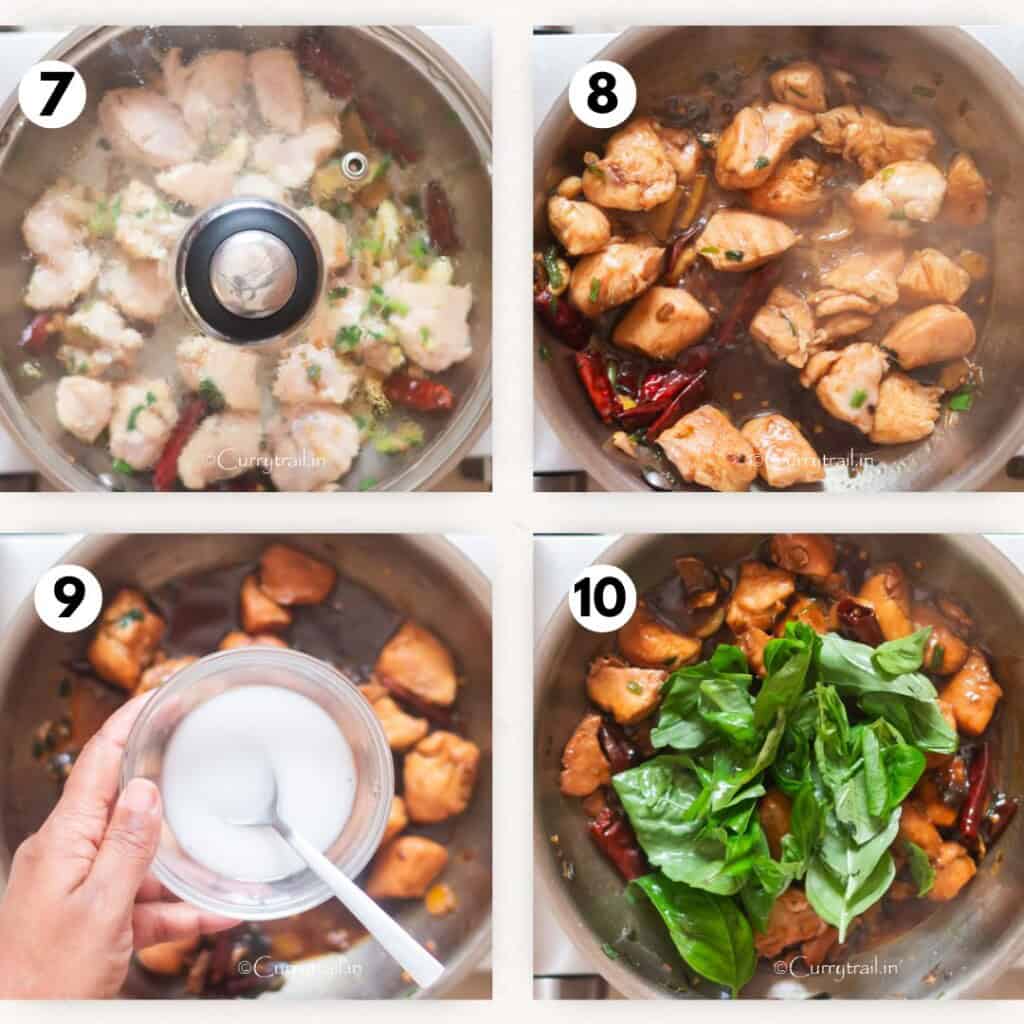 cooking boneless chicken pieces in asian sauce in a skillet.