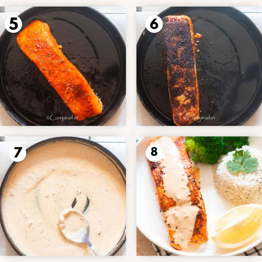 photo collage of cooking salmon on a griddle.