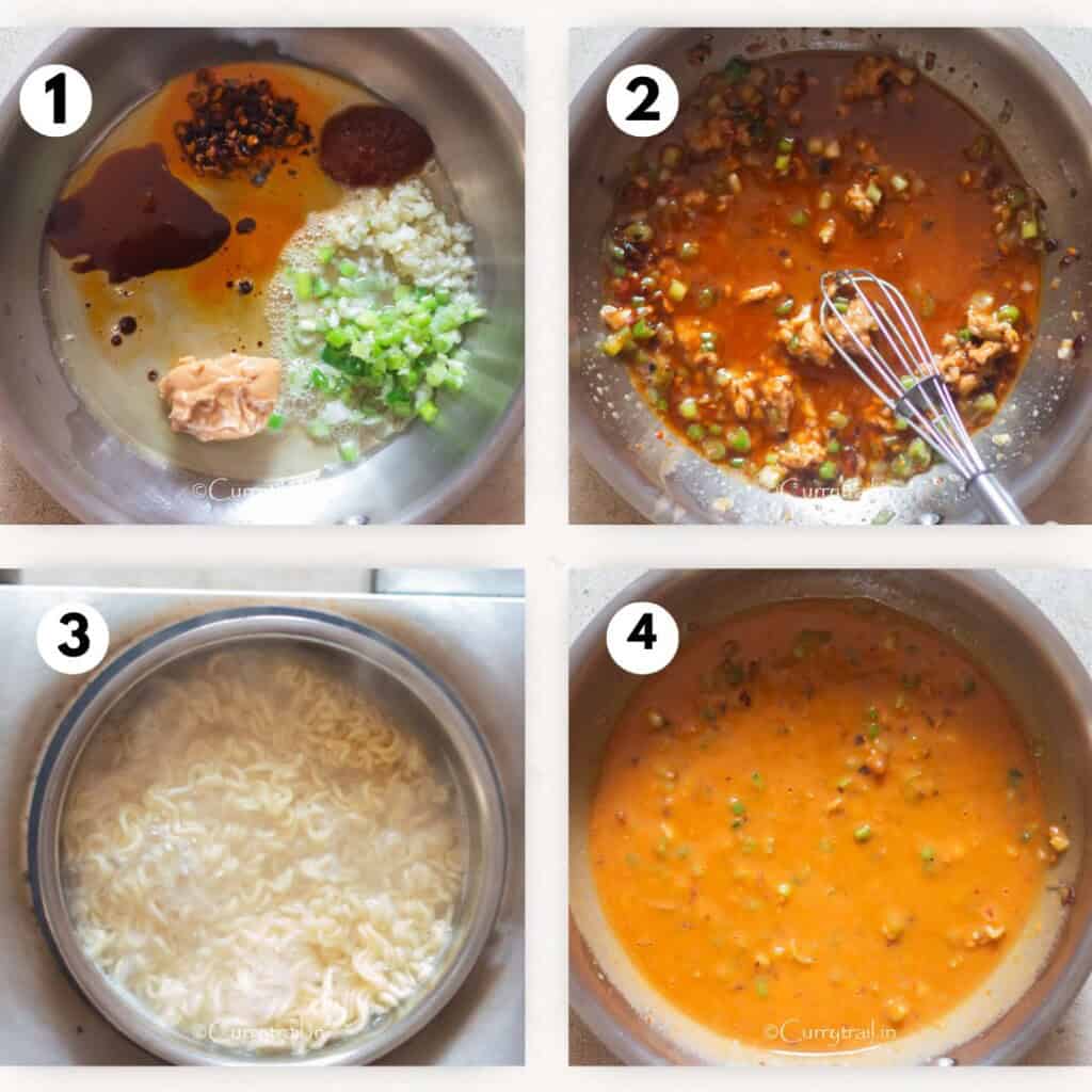 picture collage of making ramen noodles in peanut butter sauce.