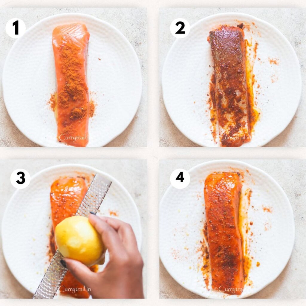 picture collage of seasoning salmon fillet with cajun spice mix.