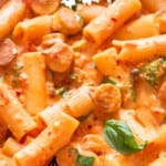 chicken sausage and pasta in creamy tomato sauce.