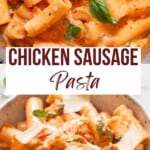 rigatoni pasta and chicken sausage in creamy tomato sauce topped with Parmesan shavings.