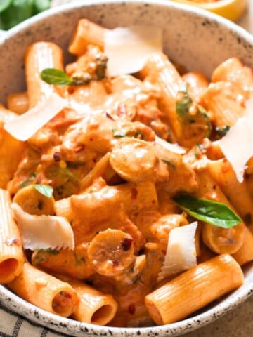 rigatoni pasta and chicken sausage in creamy tomato sauce topped with Parmesan shavings.