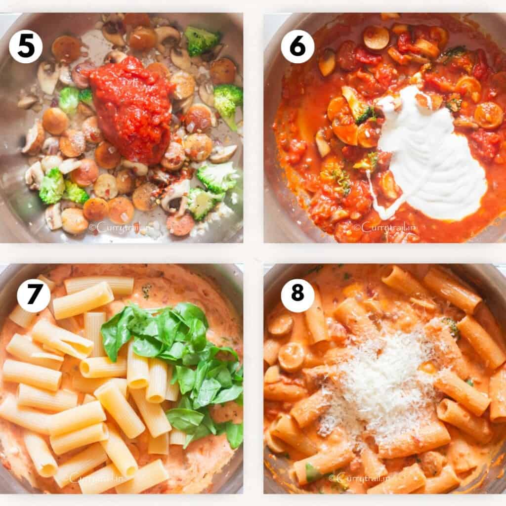 photo collage of making rigatoni pasta in rich creamy tomato sauce.