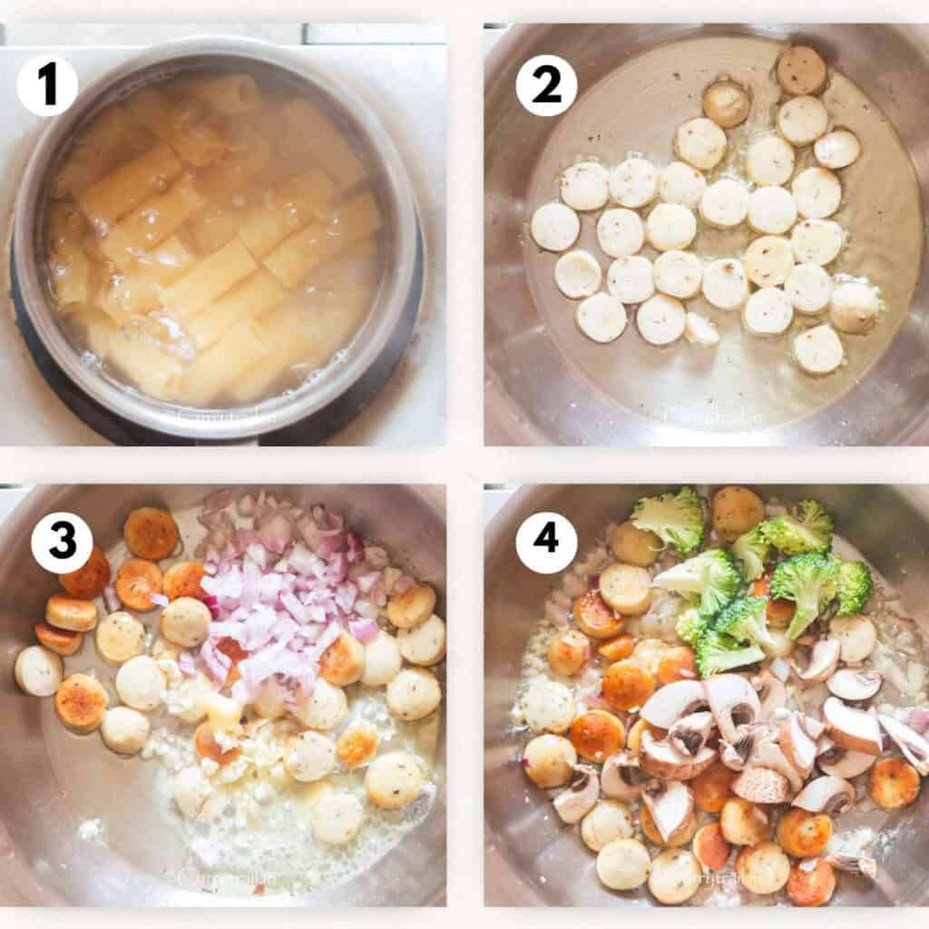photo collage of cooking chicken sausage in a pan along with onion and garlic.