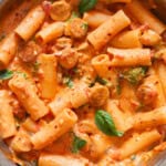 chicken sausage and pasta in creamy tomato sauce.