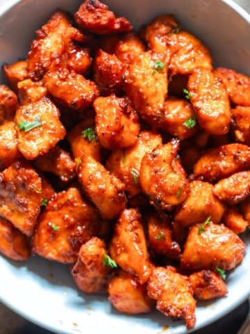 crispy salmon bites served in bowl.