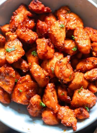 crispy salmon bites served in bowl.
