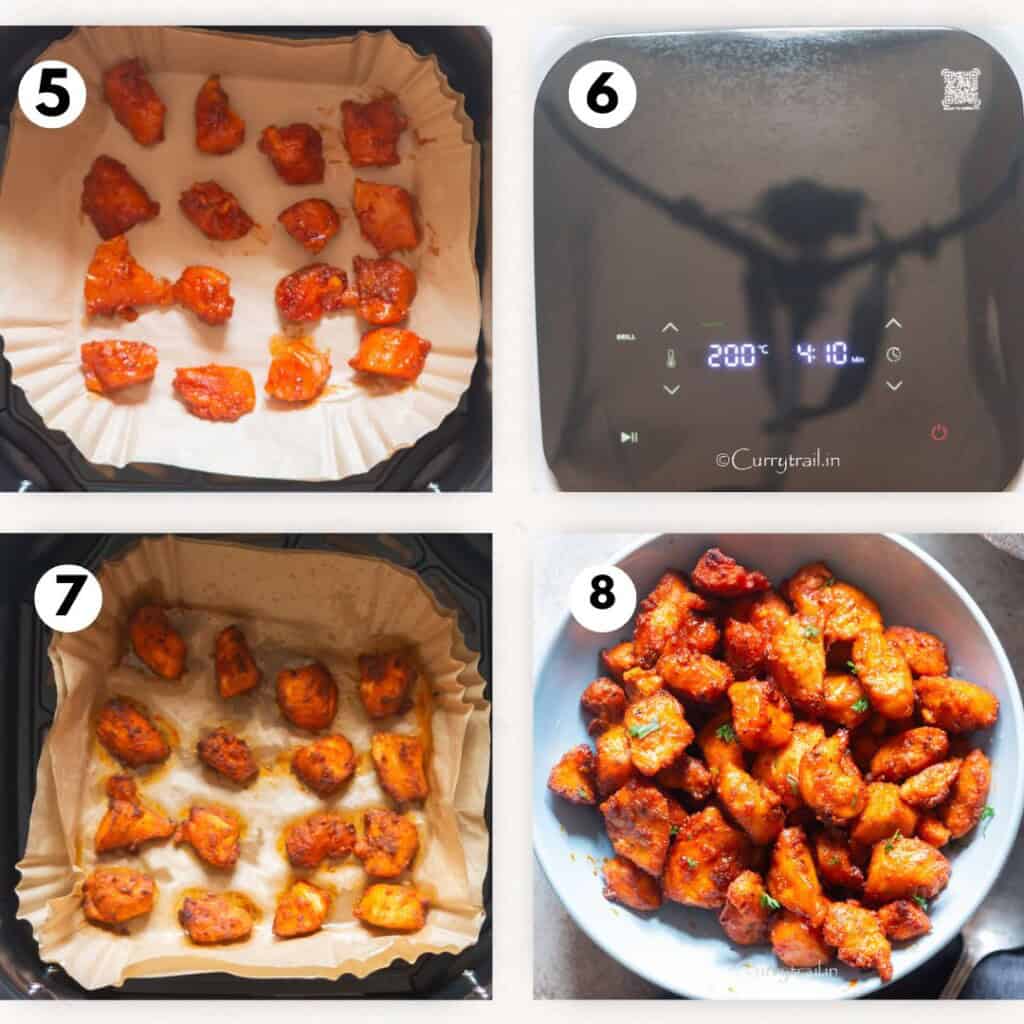 cooking spiced salmon cubes in an air fryer.