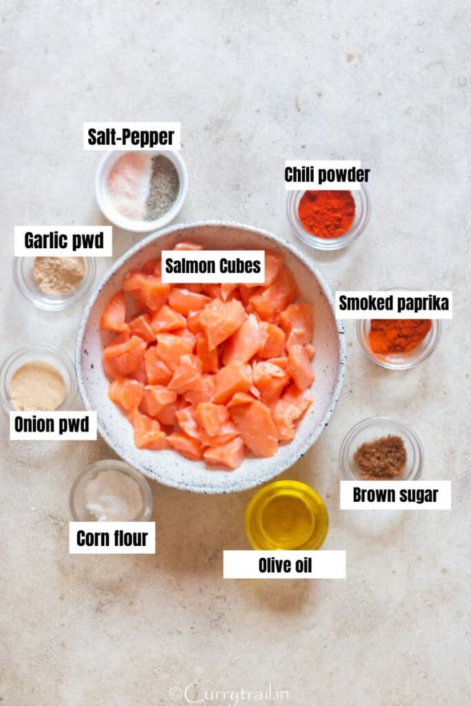 all ingredients for salmon bites for air fryer arranged on a table.