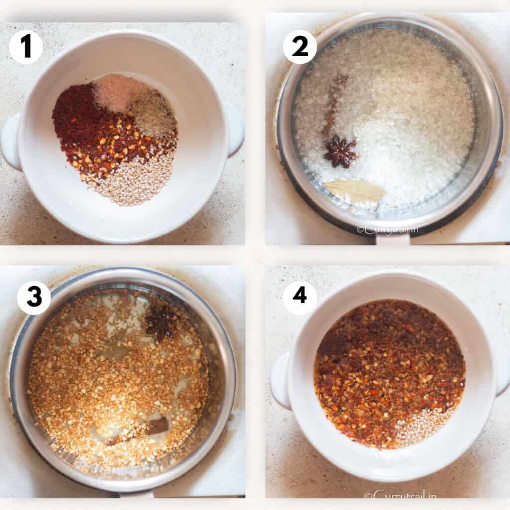 step-by-step picture collage of making chili crisp oil.