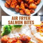 healthy juicy air fryer salmon bites served with jasmine rice and fried eggs in a bowl.