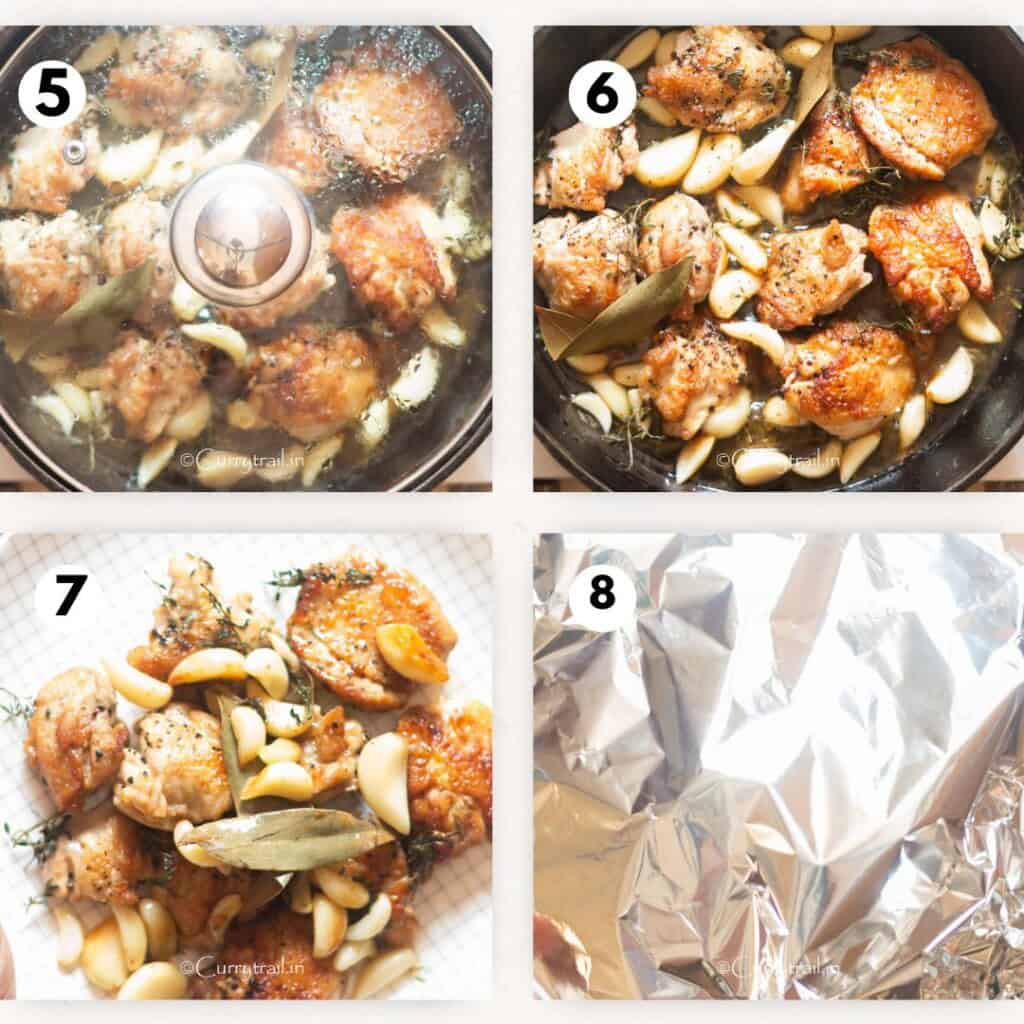 simmering chicken thighs and garlic cloves until golden brown.