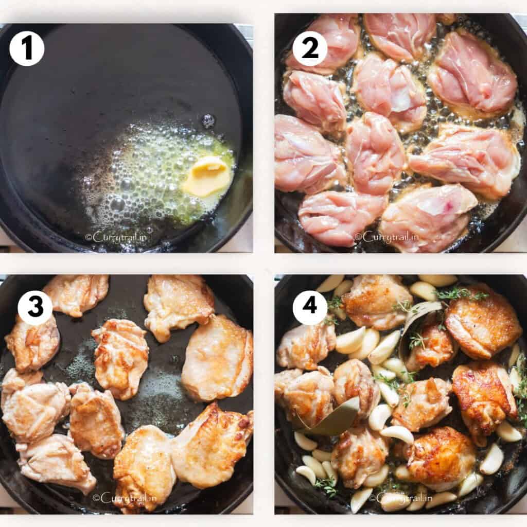 Searing chicken thighs in butter and olive oil in cast iron pan.