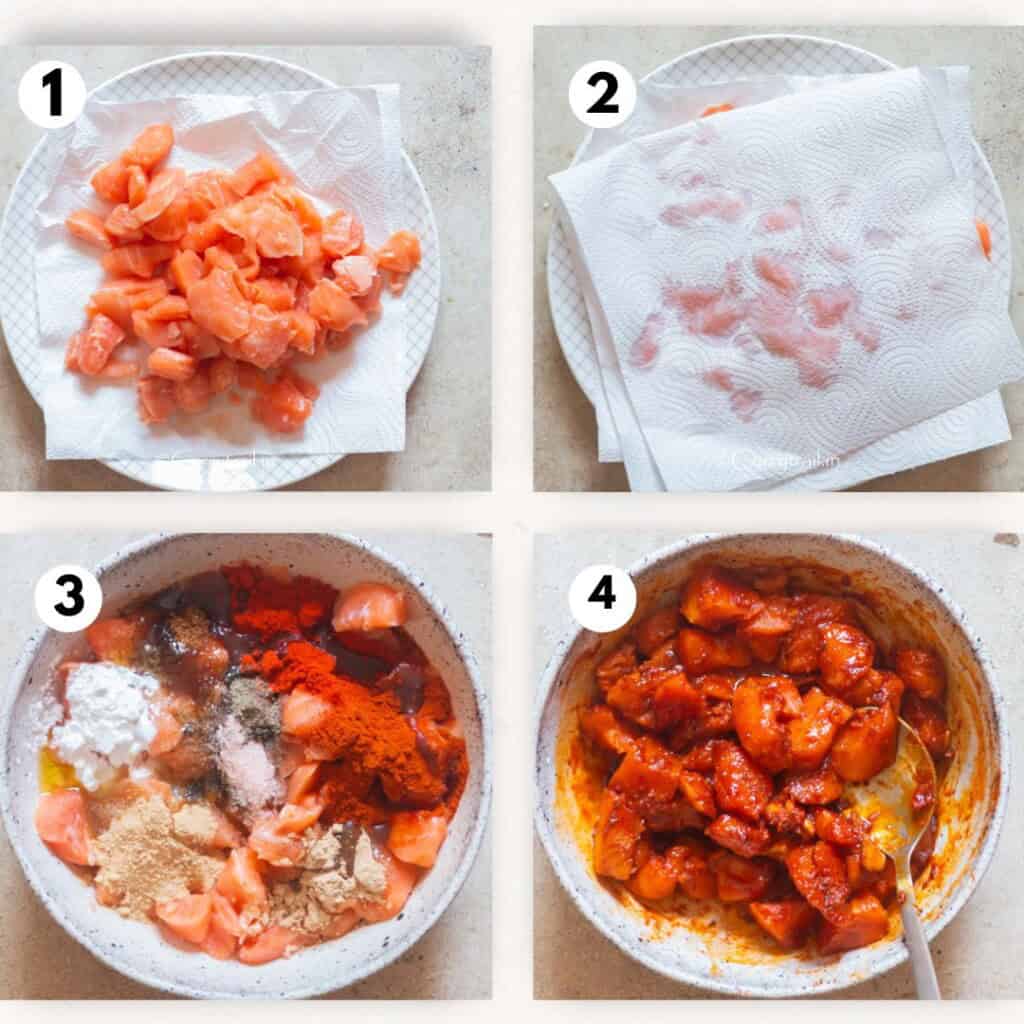 step by step pictorial of seasoning salmon cubes with spices.