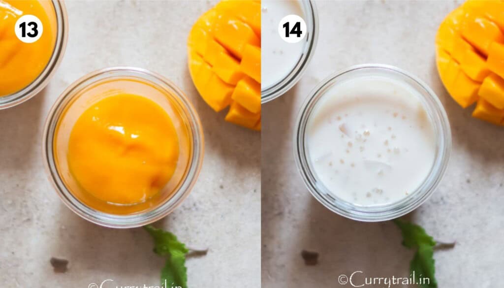 picture collage of layer mango puree and sweet coconut sago pearl cream base.