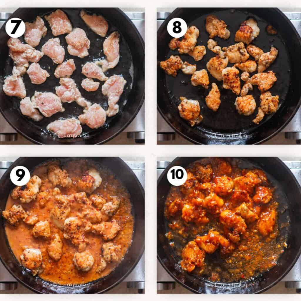 picture collage of making firecracker chicken in a skillet.