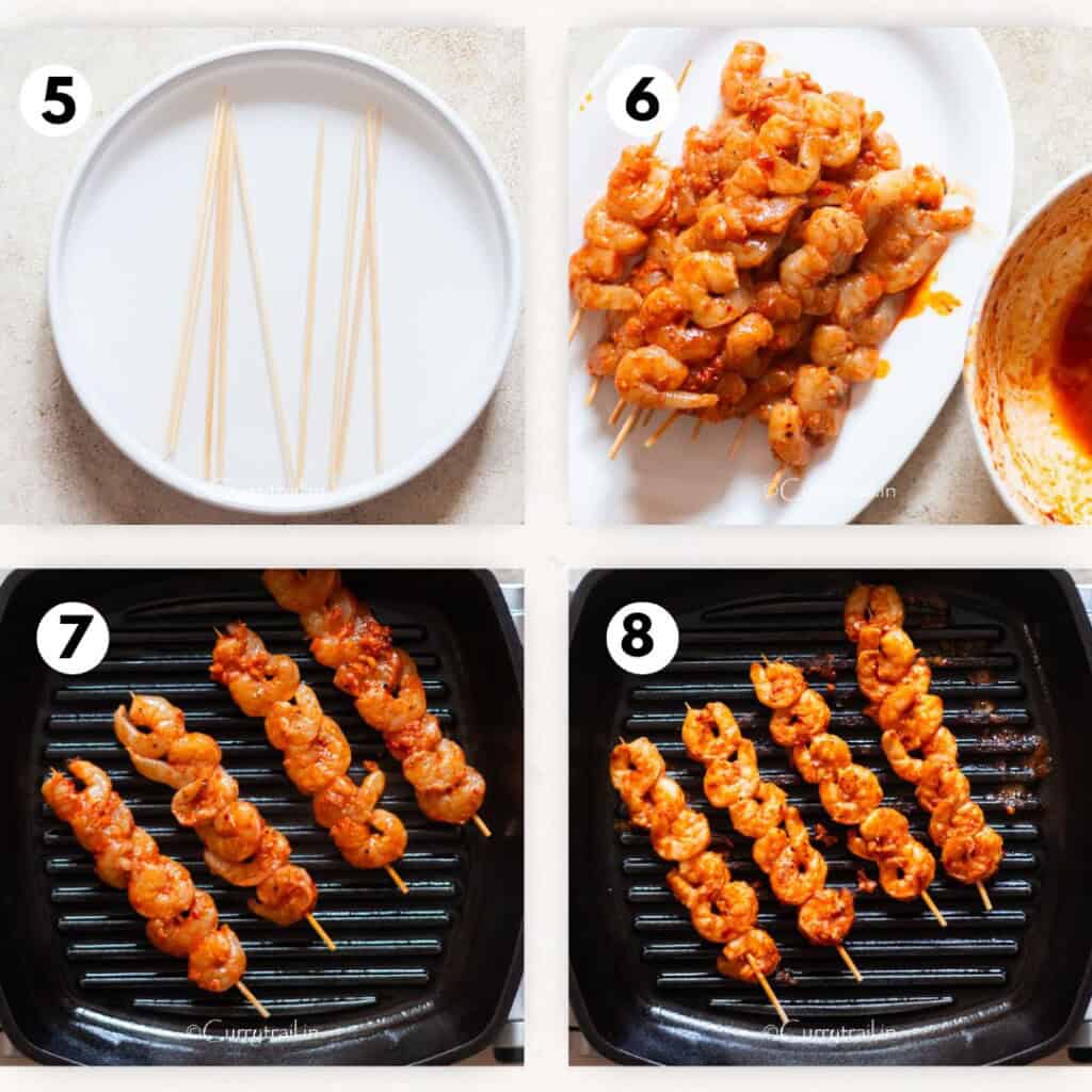 picture collage of grilling marinated shrimp skewers on a grilling pan.