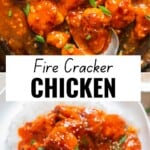 spicy boneless chicken cooked with buffalo hot sauce in a skillet.
