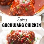 gochujang chicken cooked in a skillet and served with sushi rice.