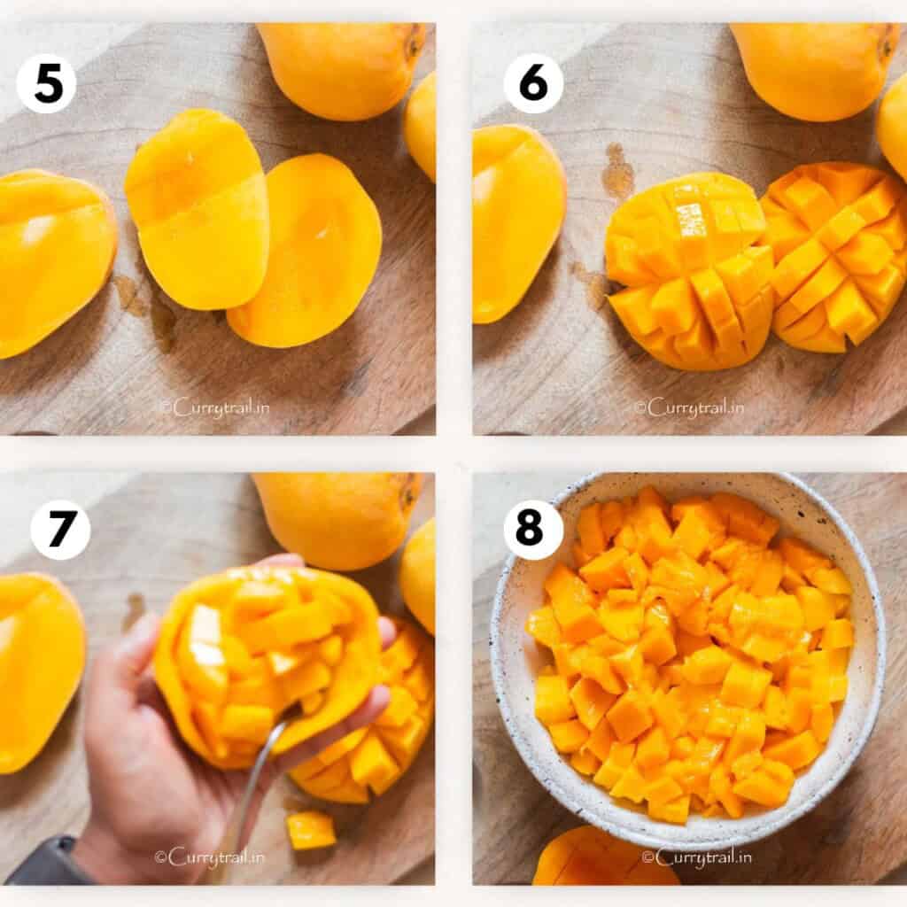picture collage of cutting fresh mango flesh.