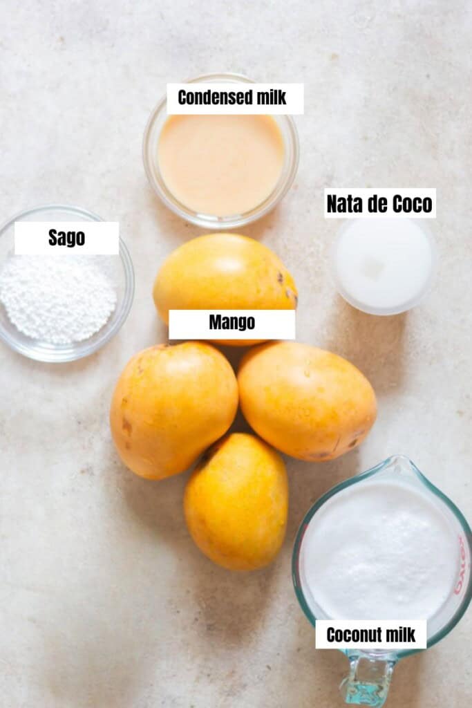 all ingredients for mango bango placed on a table.
