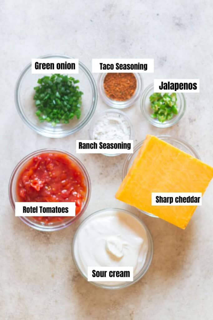 all ingredients for Rotel ranch dip aka boat dip arranged on a table.