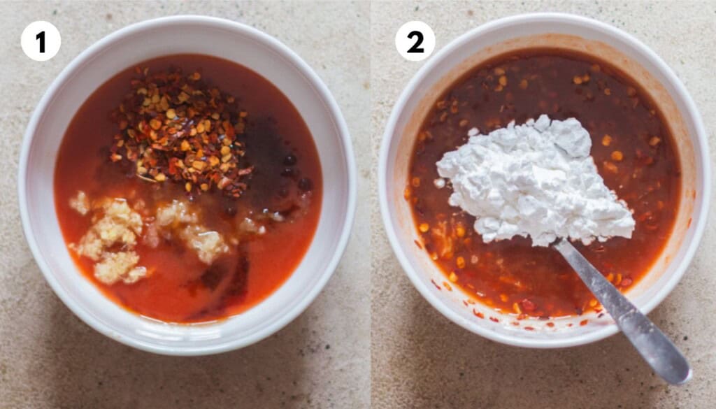 picture collage of making buffalo hot sauce in a bowl.