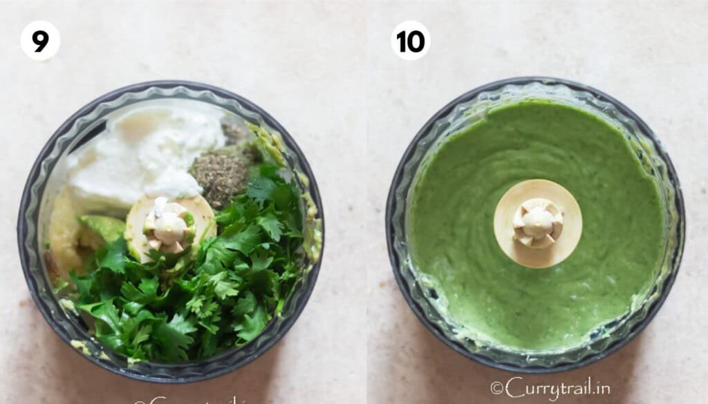 picture collage of making creamy avocado dip for cilantro lime shrimp.
