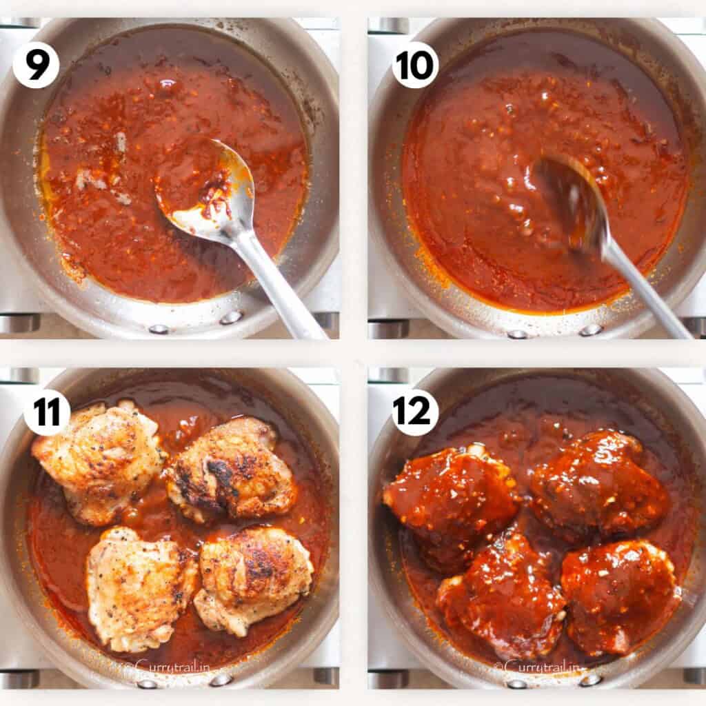 picture collage of cooking gochujang sauce and glazing browned chicken thighs with gochujang sauce.