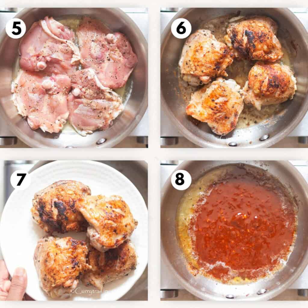 picture collage of cooking seasoned chicken thighs and cooking sauce for gochujang chicken.
